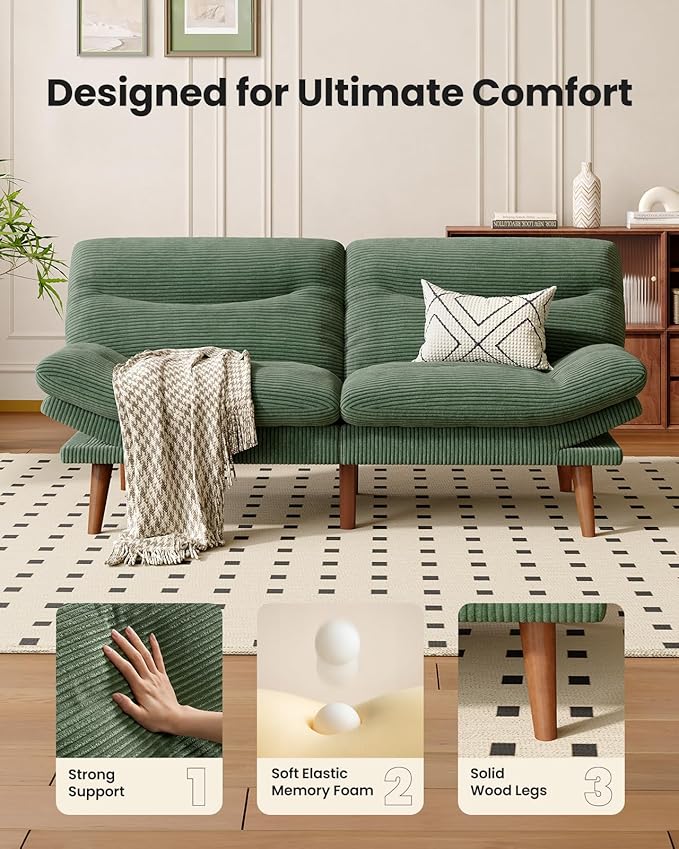 Amada 75" Convertible Futon Sofa Bed, Corduroy Folding Futon Set with Adjustable Backrest &Armrests, Recliner Lounge for Living Room, Apartment or Office, Solid Wood Frame, Loveseat Sofa -Forest Green