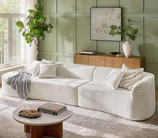 141.75" Oversized Boneless Sectional Sofa with 4 Pillows, Modern Curved Design All-Foam Cushion, No Assembly Required Large Floor Cloud Couch for Living Room, Ivory