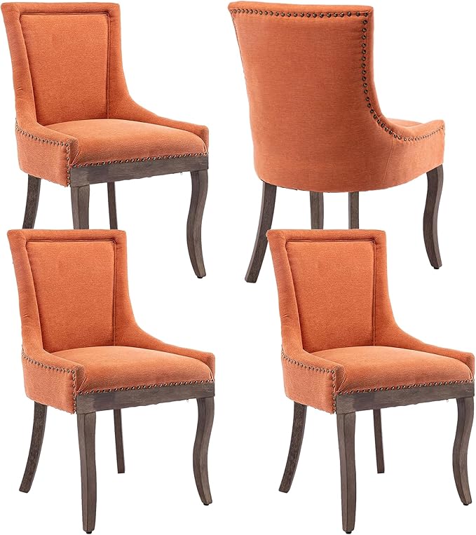 Farmhouse Dining Chairs Set of 4, Upholstered Fabric Dining Room Accent Chairs with Wood Legs & Bronze Nailhead, High Wingback Kitchen Chairs for Living Room Hotel Apartment, Orange