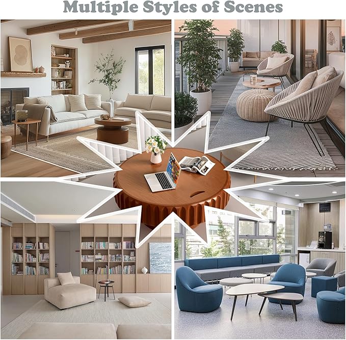 Round Coffee Tables with Storage Fluted Drum Coffee Table with Solid Wood Relief, Modern Circle Wooden Coffee Tables Brown Center Table Accent Tea Table for Living Room Apartment (Round 31.5'')