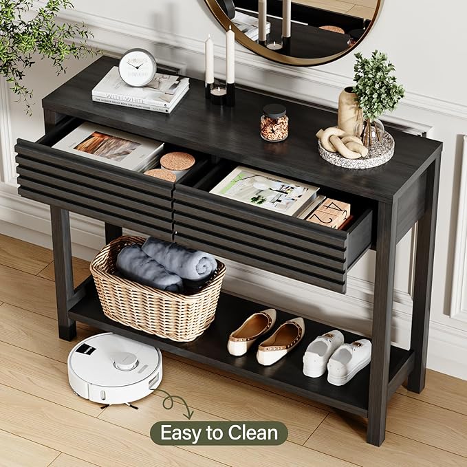 EAG 40" Fluted Console Table with 2 Drawers, Modern Wood 2 Tier Entryway Table with Storage Shelf, Narrow Sofa Tables Behind Couch for Entrance Foyer, Hallway, Living Room, Black