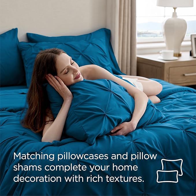 Bedsure Full Comforter Set Teal - Bed in a Bag Full Size Bedding Set 7 Pieces, GentleSoft™ Pintuck Bed Set Gift for Family, Pinch Pleat All Season Comforter with Sheets, Pillowcases & Shams