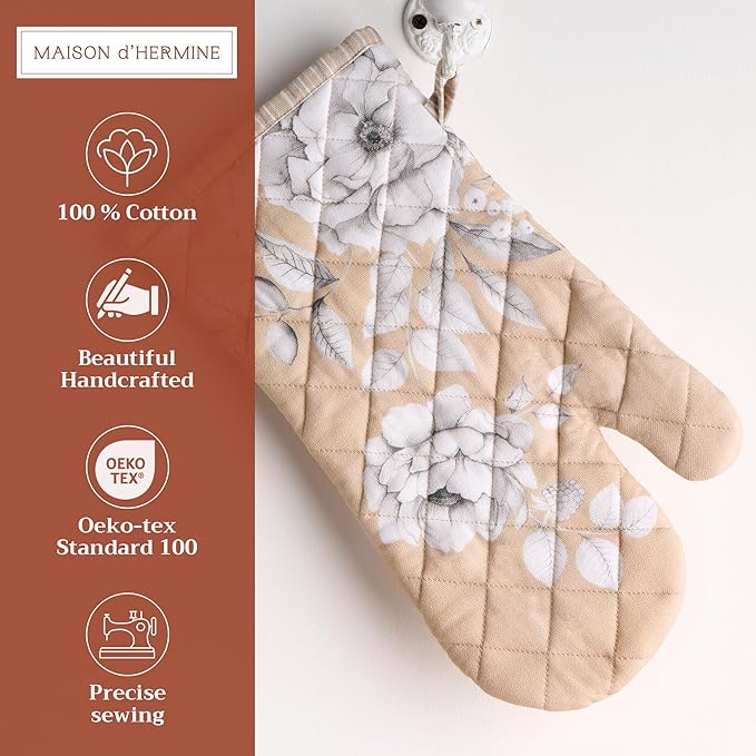 Maison d' Hermine Oven Gloves 100% Cotton Oven Mitt 7" x 13" with Loop Heat Resistant BBQ Cooking Gloves for Thanksgiving Christmas Decorations Baking Handling Hot Pans (Pack of 1, Pretty Autumn)