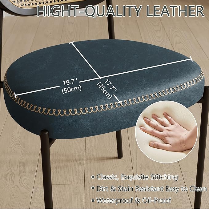 Rattan Dining Chairs Set of 4, Blue Leather Upholstered Dining Chairs with Rattan Cane Back, Mid Century Modern Dining Room Chairs with Black Metal Legs & D-Shaped Thicken Cushion, Blue