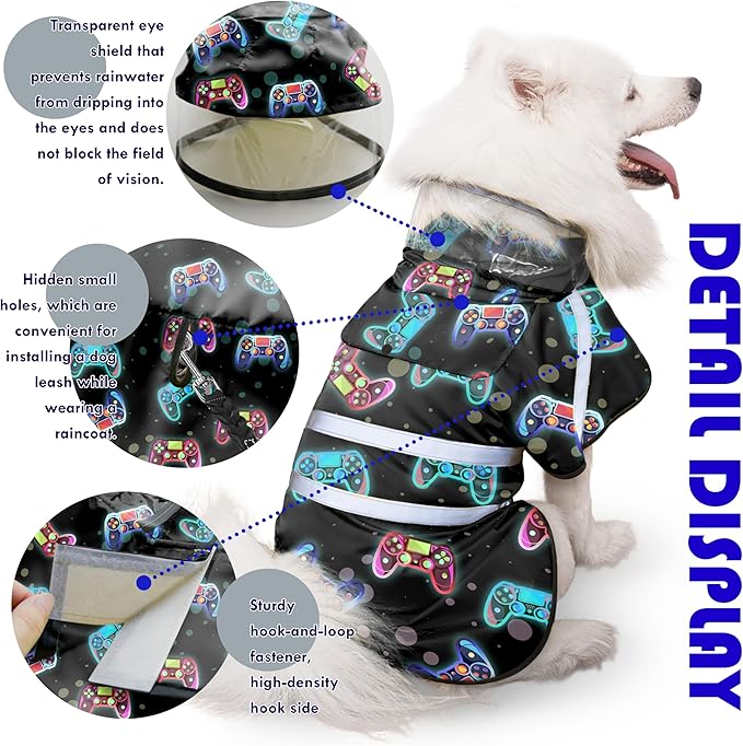 Dog Raincoat, Adjustable Dog Rain Jacket with Clear Hooded Double Layer for Large Medium Small Dogs Puppies, Waterproof Rain Coat Poncho Game Controller, Black-L
