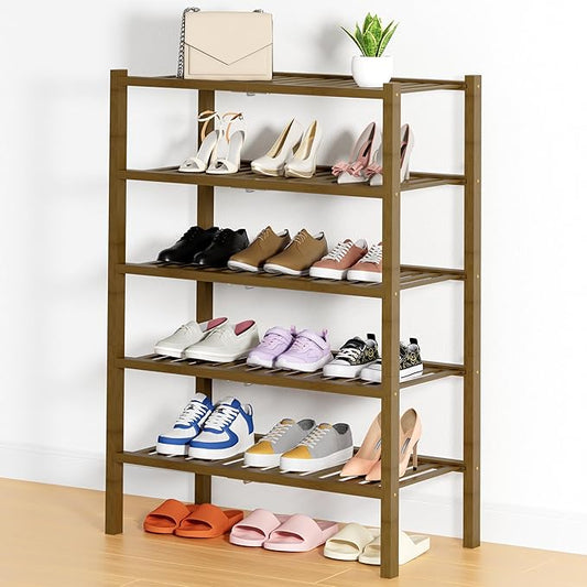 Smiry Shoe Rack, 5 Tier Thick Bamboo Shoe Organizer, Stackable Free Standing Wooden Shoe Storage Shelf for Closet, Entryway, Front Door Entrance, Walnut