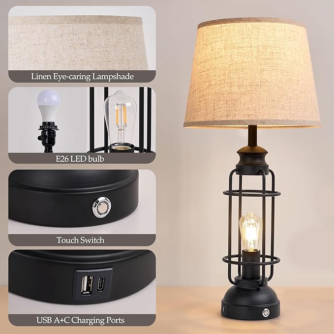 28" Table Lamps for Living Room Set of 2, 3 Way Dimmable Touch Lamps with USB A+C Ports,Farmhouse Table Lamps for Bedroom,Industrial Lamp for Living Room End Tables, 4 Bulbs Included