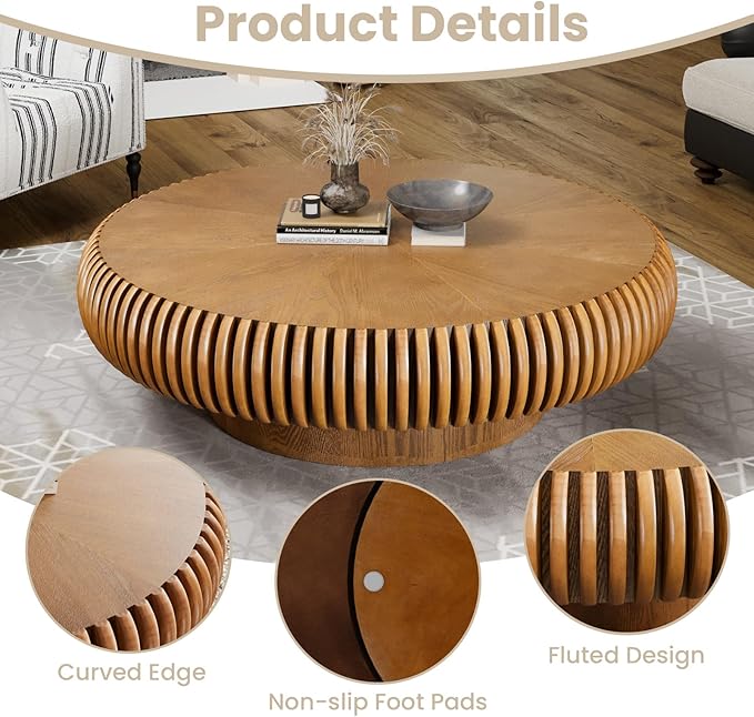 Round Fluted Coffee Table Modern Handcraft Drum Coffee Table with Sturdy Pedestal 31.5" Farmhouse Center Table Tea Table for Living Room, Reception Room, Entertainment Room (Brown 39.37inch)