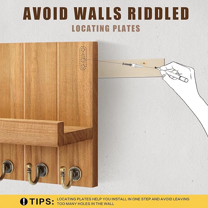 Rebee Vision Farmhouse Key Holder for Wall - Decorative Wall Shelf with Key Hooks & Mail Organizer Wall Mount for Apartment Essentials - Rustic Living Room Decor (Light Brown, 3.54"D x 10"W x 7.28"H)