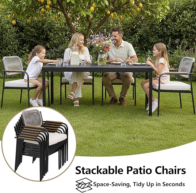 Outdoor Dining Chairs Set of 6, Wicker Patio Dining Chairs with Removable Cushions, Rectangle Patio Table Chair, All Weather Outdoor Chairs, Metal Lawn Chair for Adults/Indoor/Deck, Beige