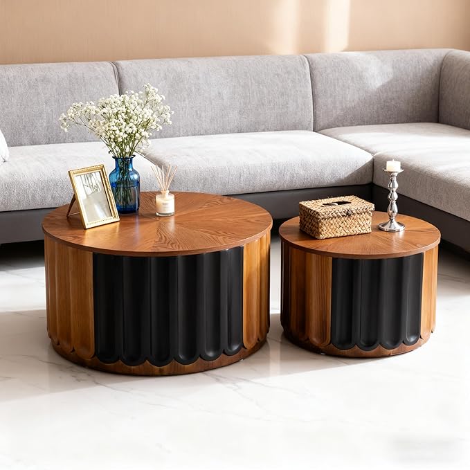 26" Round Nesting Coffee Table Set of 2 with Storage, Modern Round Wood Fluted Coffee Tables with Storage for Living Room Nesting End Table for Small Space (B Walnut)