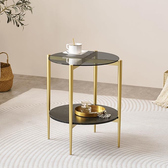 Round Glass End Table, Mid-Century Modern Design Sofa Table for Living Room, D18 x H23 in, 2-Tier Structure, Grey Glass Top and Black Marble Shelf, Sleek Conical Legs with Gold Finish Frame