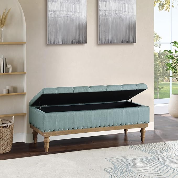 OSP Home Furnishings Landis Button Tufted Padded Top Storage Bench with Brushed Legs, Sea Blue Fabric