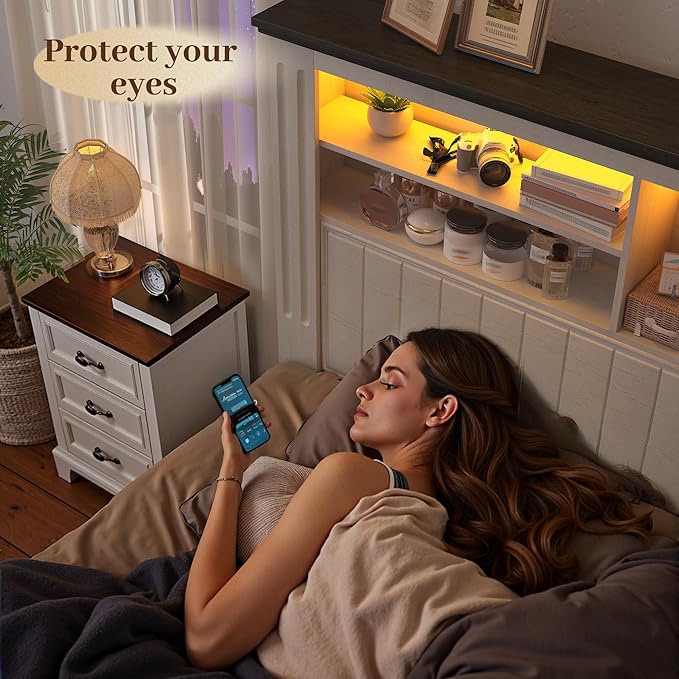 EnHomee King Bed Frame and Headboard, King Size Bed Frame with 4 Storage Drawers, King Bed with LED Lights & Charging Ports,No Box Spring Needed,NO Noise,Wooden, White