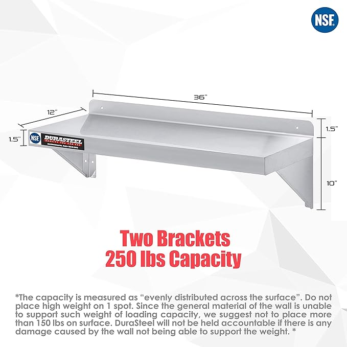 DuraSteel Stainless Steel Wall Shelf - 36" Wide x 12" Deep Commercial Grade - NSF Certified - Industrial Appliance Equipment (Restaurant, Bar, Home, Kitchen, Laundry, Garage and Utility Room)