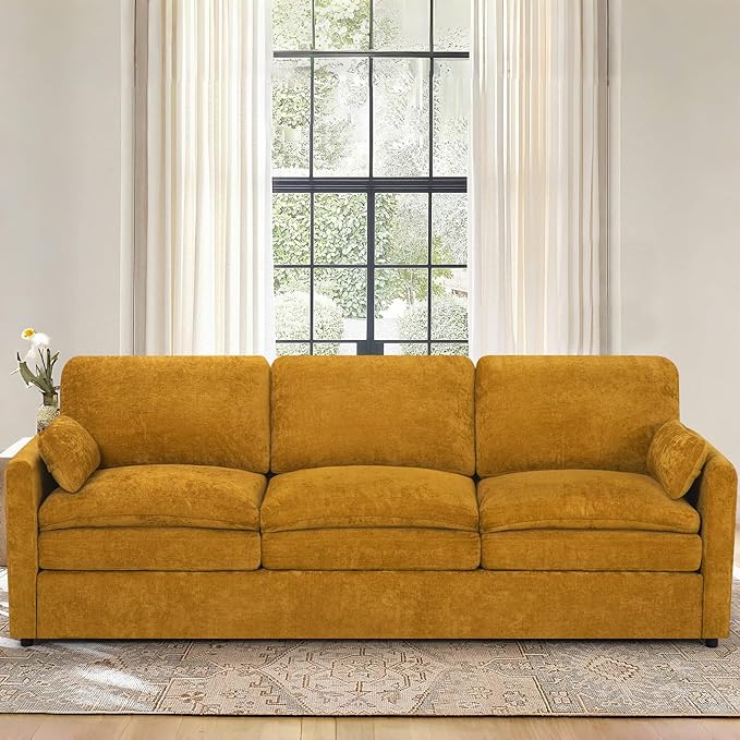89” Chenille Sofa w/Arm Pillows, Upholstered 3-Seater Sofa w/Comfortable Back Cushions, Modern 3 Seats Couch w/High-Density Foam for Living Room, Apartment, Office, Yellow