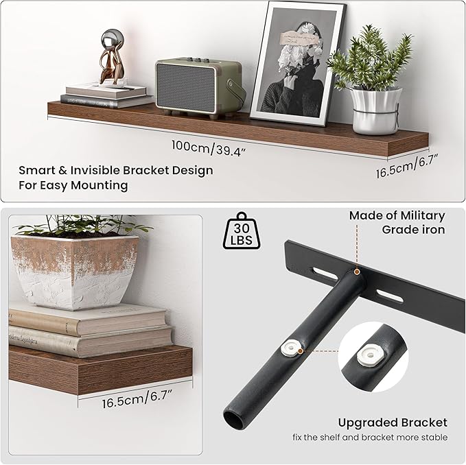 Heimlove Floating Shelves for Wall 40 Inch,Mounted Storage & Display Hanging Shelf with Invisible Brackets,for Bedroom,Living Room,Kitchen,Office,Set of 2,Rustic Brown