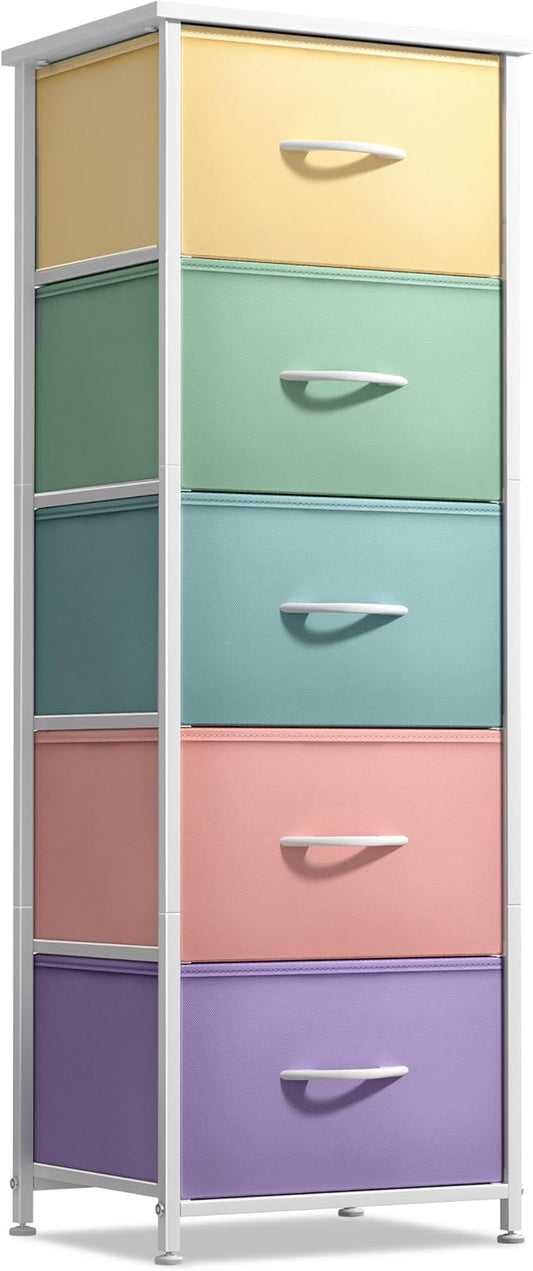 Sorbus Fabric Dresser for Kids Bedroom - Chest of 5 Drawers, Tall Storage Tower, Clothing Organizer, for Closet, for Playroom, for Nursery, Steel Frame, Fabric Bins - Wood Handle (Pastel)