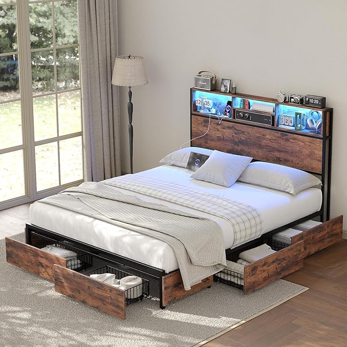 Full Size Bed Frame with LED Headboard & Charging Ports, Rustic Wood Platform Full Bed Frame, 6 Storage Drawers and Display Shelf, Heavy-Duty Metal Frame, No Box Spring Needed, Brown