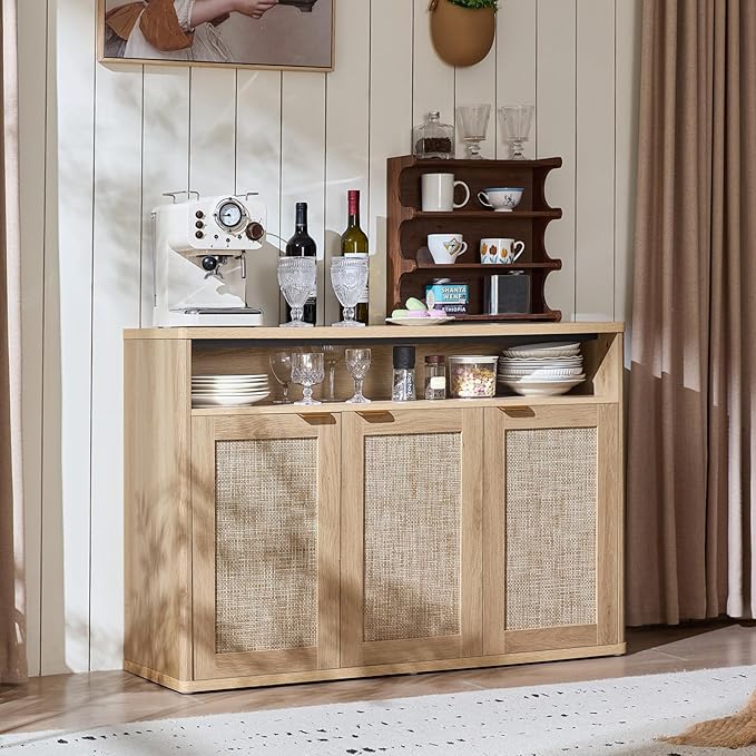LEYAOYAO Rattan Sideboard Buffet Cabinet,45" Coffee Bar Cabinet with 3 Doors & Open Storage Shelf,Modern Credenza Console Table for Living Room Rattan Farmhouse entryway Natural