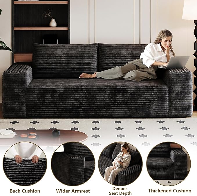 63" Boneless Loveseat Sofa - Cloud Couch with Memory Foam, Comfy Deep Seat - Corduroy Floor Sofa, No Assembly Required - Small Space Friendly for Living Room, Bedroom, Apartment, Black