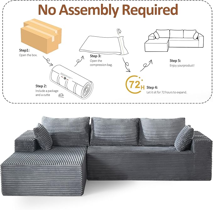 110" Boneless Sectional Couch with Chaise Lounge, Cloud Couch Compressed Sofa L Shape, No Assembly Memory Foam Sofa for Living Room, Grey Corduroy