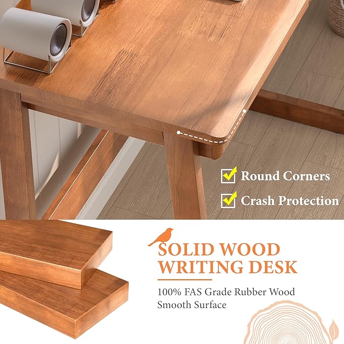 Solid Wood Desk with Drawers - 39 x 18 Inch Mid Century Modern Desk, Vintage Desks with Drawers, Small Writing Desks for Small Spaces|Bedroom, Living Room & Office - Walnut Color