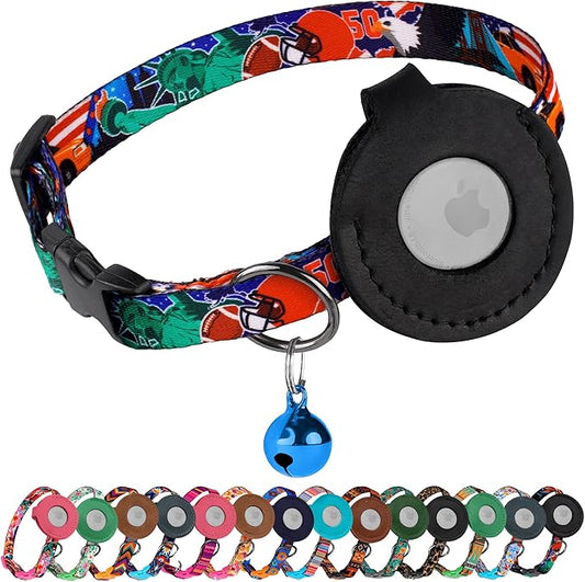 Airtag Cat Collar with Bell - Non Breakaway Soft Pet Collar with Leather Air Tag Holder - Adjustable GPS Anti-Lost Collars for Girl Boy Cats Kitten Puppies, Lightweight and Patterned (USA)