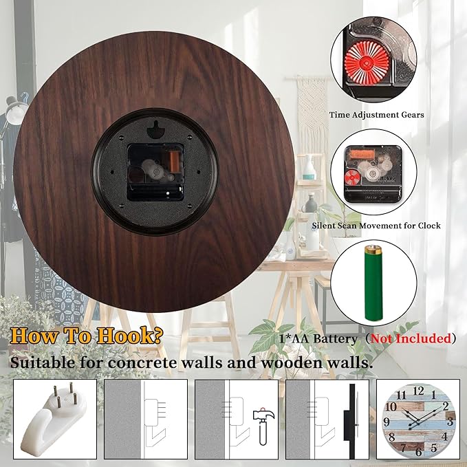 24 Inch Blue Woodgrain Shiplap Wall Clocks for Living Room Decor, Large Farmhouse Wall Clock,Coastal Beach Nautical Style,House Warming Gifts New Home