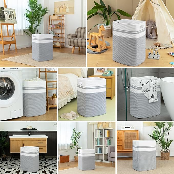 OIAHOMY 91L Laundry Hamper, XXXLarge Laundry Basket, Collapsible Cotton Rope Basket,Woven Storage Basket for Blankets,Clothes,Pillows-16x15x24-Grey