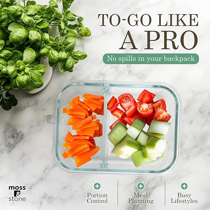 Moss and Stone Rectangular Borosilicate Glass Meal Food Containers - Prep Food Storage Containers Airtight - Snap Locking Lids – Microwave, Oven, Freezer, Dishwasher Safe – with 2 Compartment 2 Pack