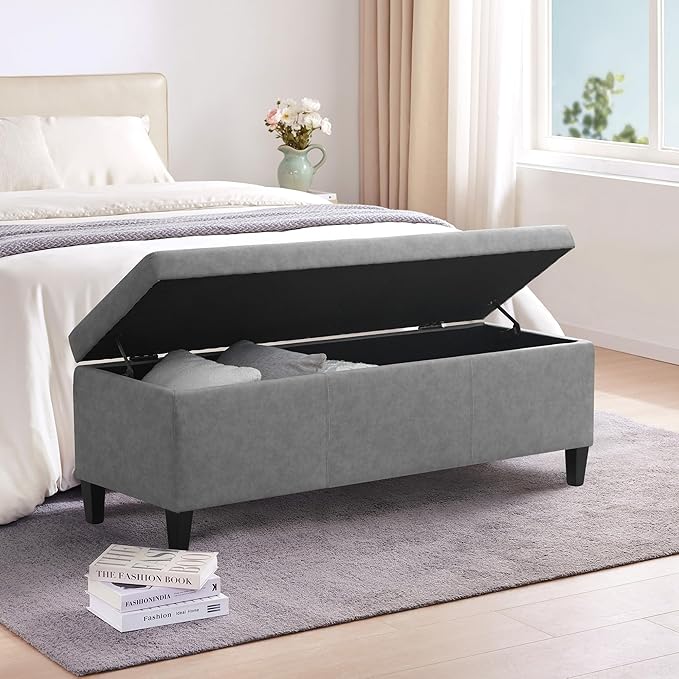 HUIMO Faux Leather Storage Ottoman Bench 50.3 Inch Extra Long PU Upholstered Bedroom Bench with Large Storage Space for The Living Room, Entryway, Bedroom Hold Up to 300lbs (Grey)