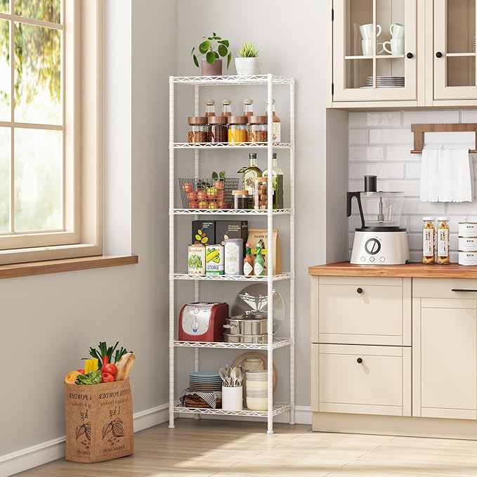 HOMEFORT 6-Shelving Unit, Adjustable Wire Shelving, Metal Wire Shelf Rack Organizer for Kitchen, Pantry, Closet, Bathroom, Laundry, White, 21" W x 11" D x 69" H