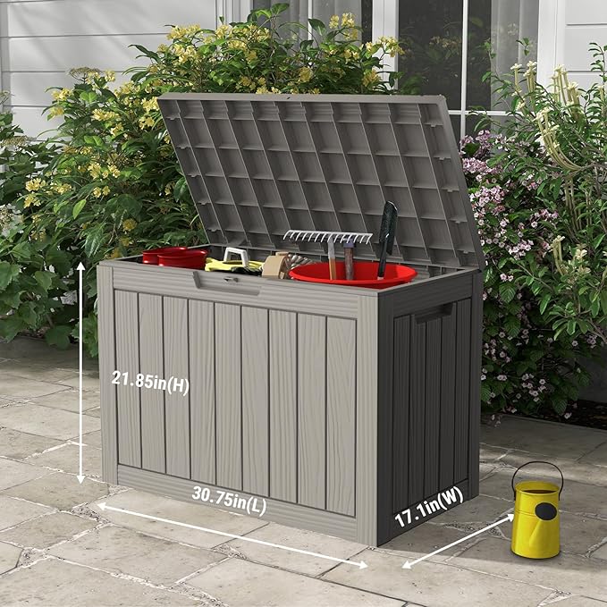 45 Gallon Outdoor Storage Box, Waterproof Deck Box with Build-in Handles and Lockable Lid, Outside Storage Box for Backyard Garden Tools, Patio Cushions, Package Delivery Box, Grey