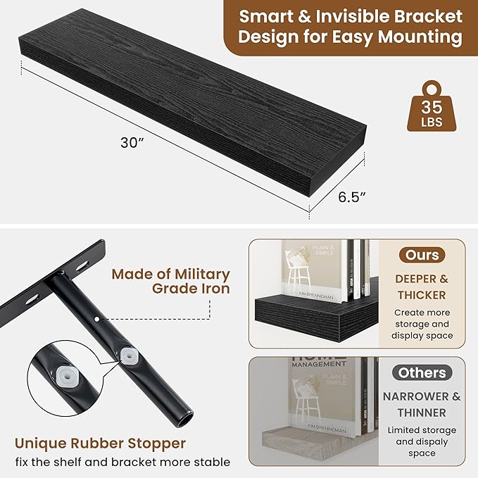 fuqing Floating Shelves for Wall, Wall Mounted Wood Floating Shelf with Invisible Brackets for Living Room, Bathroom, Bedroom, Kitchen Storage and Decor, 30 Inch Set of 2, Black