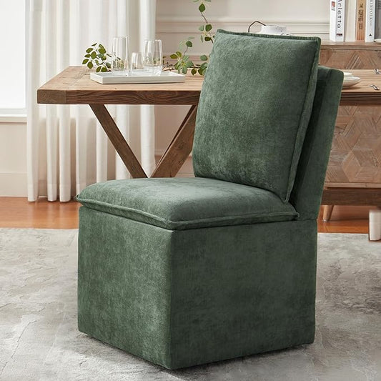 VKNOW Upholstered Dining Chairs, Modern Rolling Chairs with Storage and Wheels, Linen Armless Chair with Cushion and Backrest, Dining Room Chairs for Living Room Kitchen Bedroom, Green