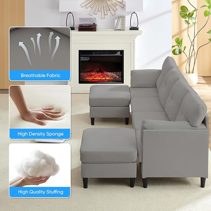 PUREMIND Sectional Home Sofa Living Room, Modern U-Shaped Sofa Couches with Double Chaise, Upholstered 4 Seater Sofa for Living Room, Apartment, Light Grey