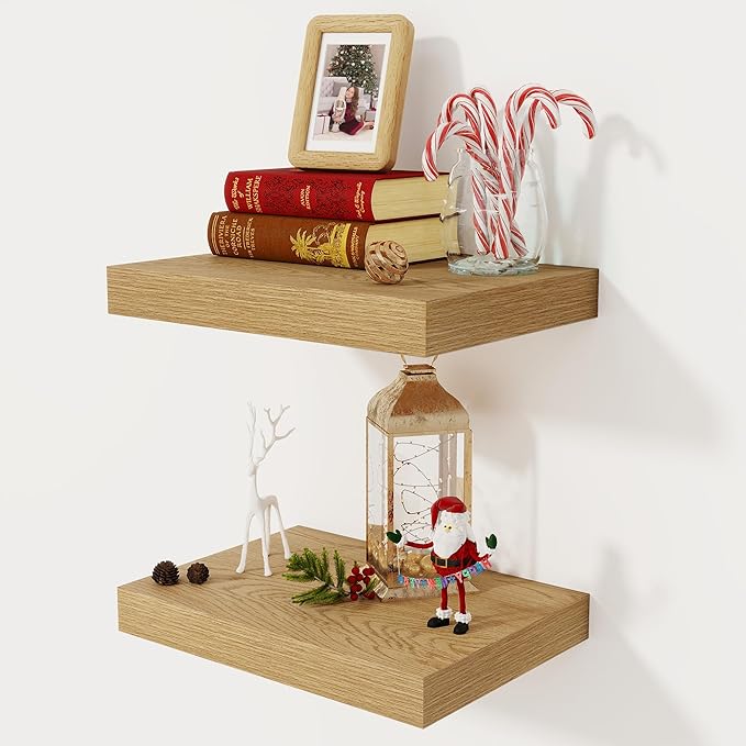 12 Inch Deep Floating Shelves, 16 x 12 Floating Shelf for Books, Rustic Wood Deep Wall Shelves for Home Storage & Display, 2" Thicked Shelves for Kitchen, Living Room, Bedroom, Oak Color, 2 Pack