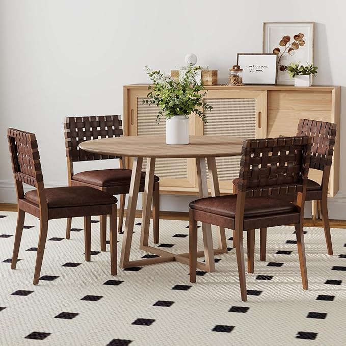 Woven Faux Leather Dining Chairs Set of 6, Farmhouse Upholstered Kitchen Chairs with Wooden Legs Armless Accent Side Chairs for Dining Room/Restaurant, Brown