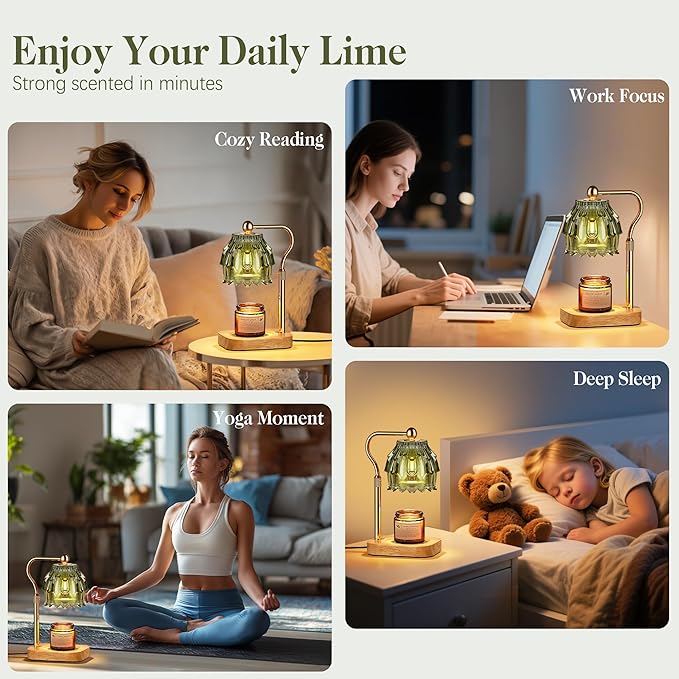 Candle Warmer Lamp with Timer Dimmer, Modern Wax Warmer for Scented Wax Jar Candle Warmer with 2 Bulbs, Adjustable Height Glass Lamp for Gifts for Women, House Warming Gifts, Home Decor, Gold Green