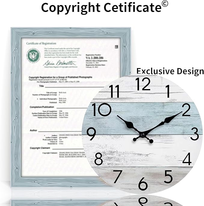 Wall Clock Silent Non-Ticking 14 Inch Battery Operated Country Large Retro Rustic and Beach Style Decorative for Living Room, Kitchen, Home,Bathroom, Office (Blue)