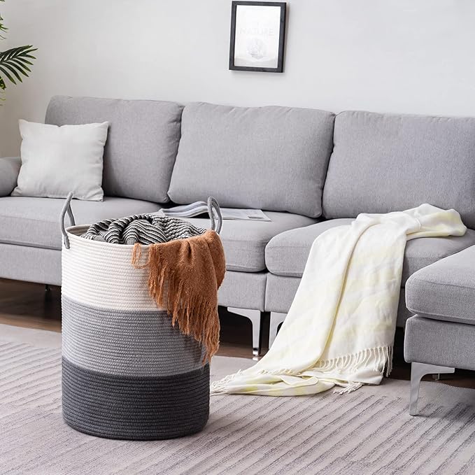 YOUDENOVA Woven Rope Laundry Hamper Basket, 58L Tall Luandry Basket, Baby Nursery Hamper for Blanket Storage, Clothes Hampers for Laundry in Bedroom