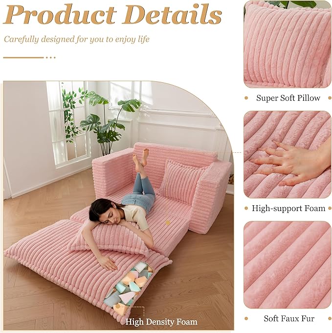 YOSHOOT Loveseat Sleeper Sofa, Convertible Sofa Bed Couch Futon Couches for Living Room, 3-in-1 Pull Out Floor Couch with Washable Cushion and Pillows