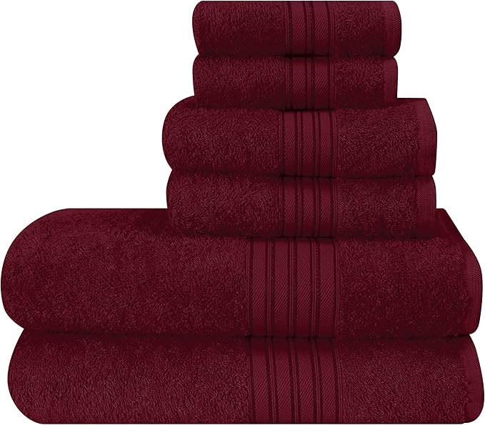 BOUTIQUO 6 Pack Cotton Towel Set, Contains 2 Bath Towels 28x55 inch, 2 Hand Towels 16x24 inch & 2 Wash Coths 12x12 inch, Ideal Everyday use, Ultra Soft Compact & Lightweight - Burgundy