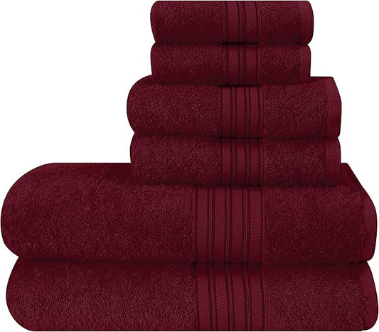 BOUTIQUO 6 Pack Cotton Towel Set, Contains 2 Bath Towels 28x55 inch, 2 Hand Towels 16x24 inch & 2 Wash Coths 12x12 inch, Ideal Everyday use, Ultra Soft Compact & Lightweight - Burgundy