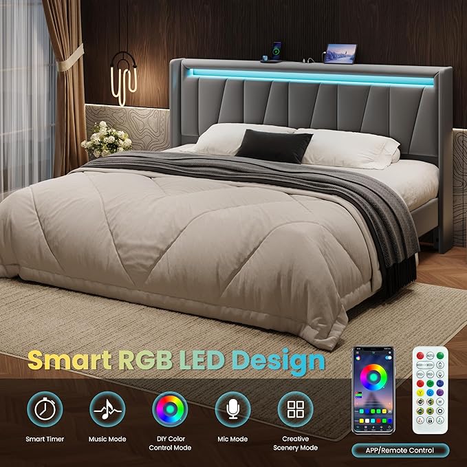 SHA CERLIN King Size Bed Frame with Charging Station and LED Lights, Modern Velvet Platform Bed with Upholstered Geometric Wingback Headboard, No Box Spring Needed, Easy Assembly, Grey