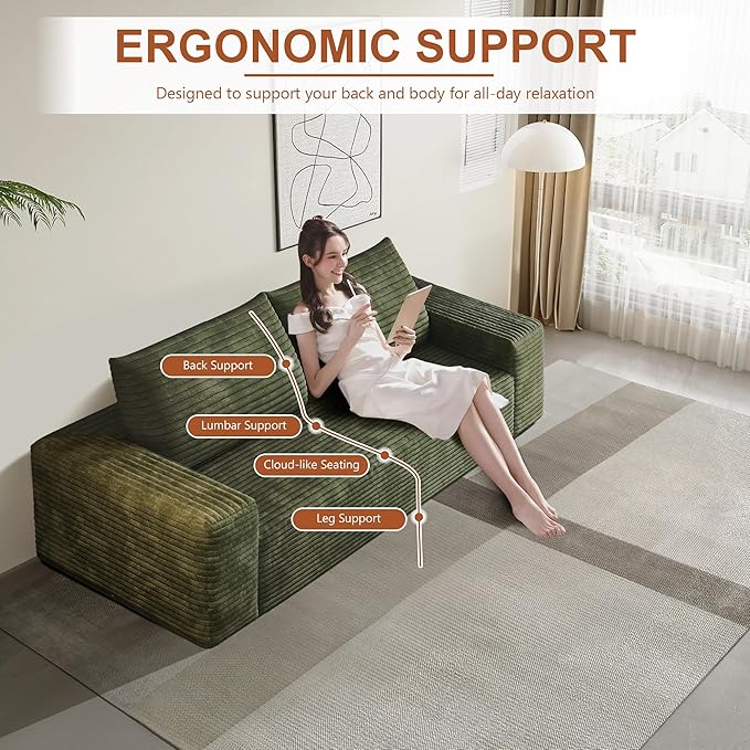 71" Corduroy Loveseat Sofa, 3-Seater Cloud Couch, Boneless Couch in a Box, Comfy Deep Seat Sofa with Memory Foam, Pillows and Wide Armrests, Modern Small Couches for Small Spaces, No Assembly (Green)