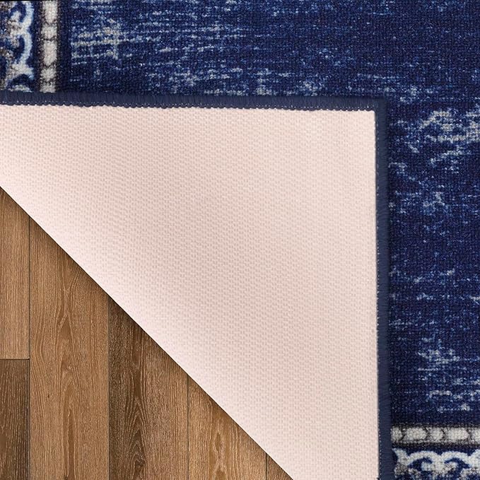 Antep Rugs Alfombras Bordered Modern 2x7 Non-Slip (Non-Skid) Low Pile Rubber Backing Indoor Area Runner Rug (Navy, 2' x 7')