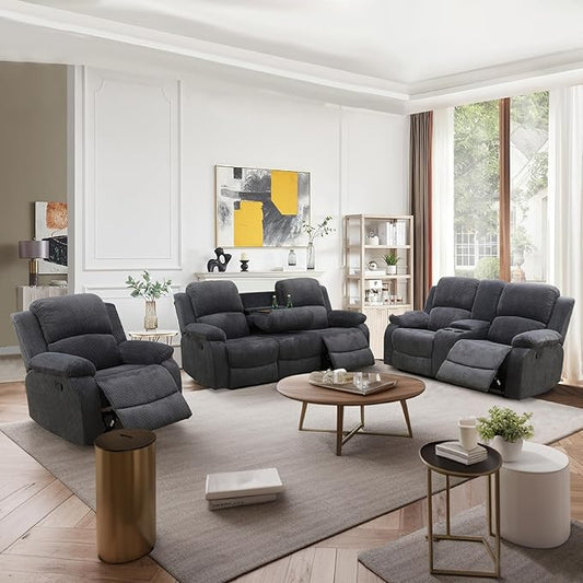 Manual Recliner Sofa Set,Corduroy Reclining Couch Set,Modern Living Room Furniture Set,Reclining Sofa Couch Chair for Living Room Home Office(Dark Grey,3 Pieces Set)