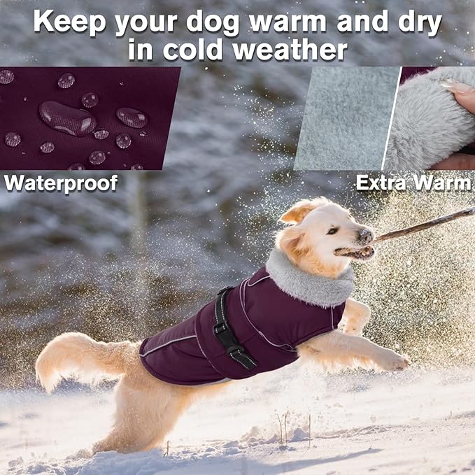 Lelepet Warm Dog Coat Reflective Fleece Vest Waterproof Dog Jacket with Adjustable Buckle Hook & Loop Windproof Cold Weather Coats for Small Medium Large Dogs, Dark Purple, M